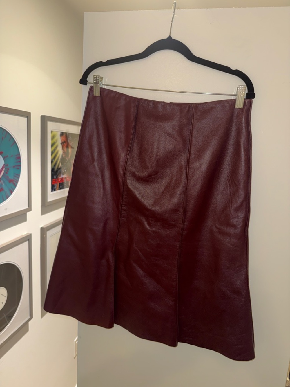 Danenberg Castro Faux Leather A-Line Midi Skirt in Burgundy Red - Size 8